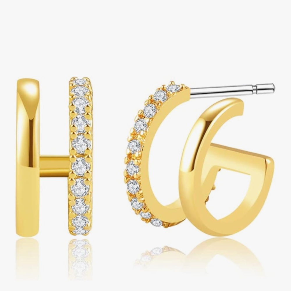 14k Gold Plated CZ Half-Hoop Faux Double Pierced Dainty Hoop Earrings for Women